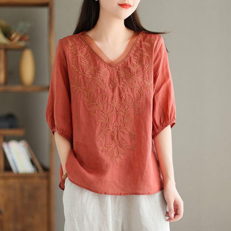 Women's Summer 2024 V-Neck Embroidered Three-Quarter Sleeve Cotton Linen Shirt