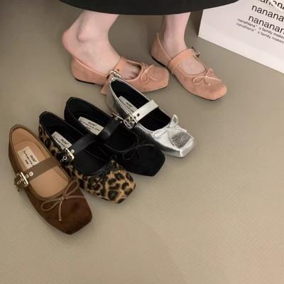 2025 Square Head Women's Shoes Autumn Flat Bow Single Shoes Ballet Shoes Belt Buckle Korean Version Mary Jane Shoes