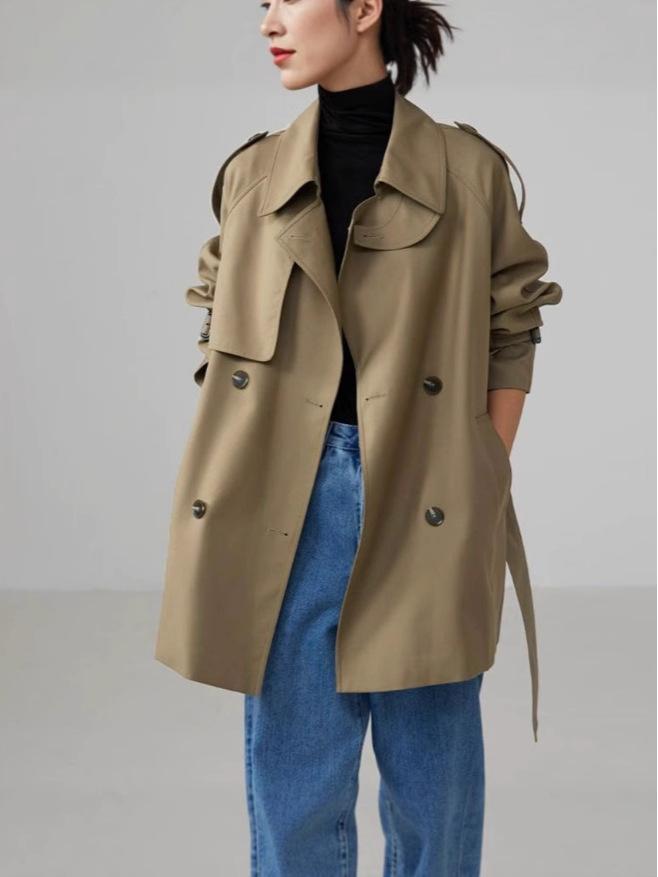 Women's Khaki Trench Coat 2025: Korean Style, Double-Breasted, Slim Fit for Spring and Autumn.