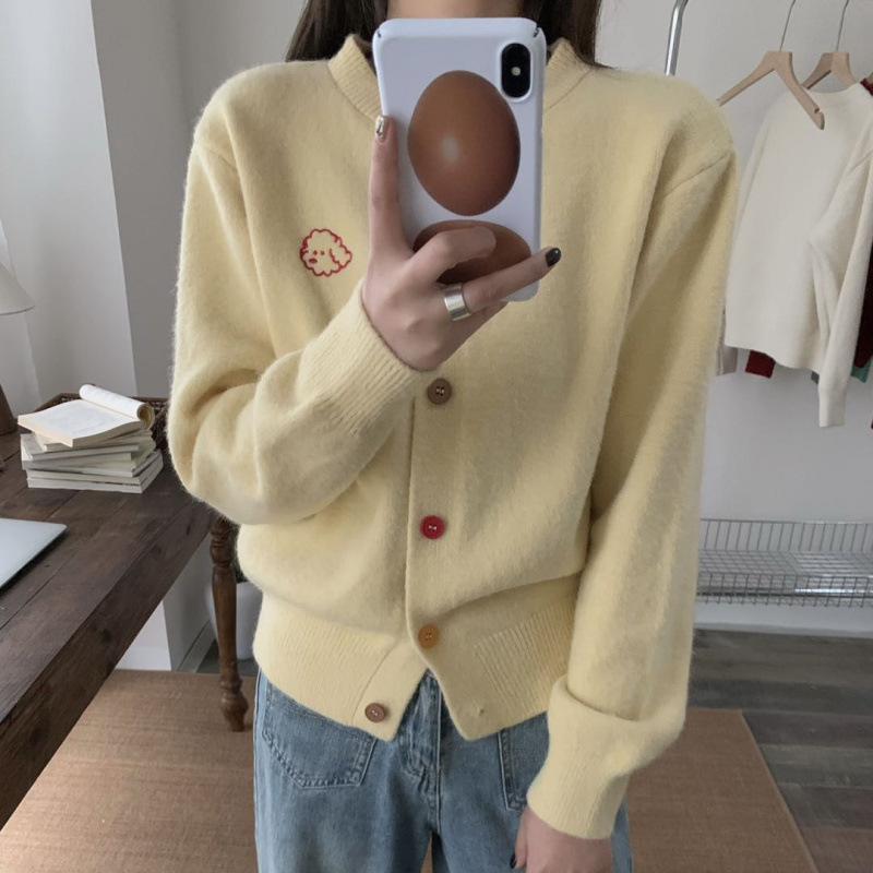 Korean Style Embroidered Puppy Knit Cardigan - Women's Versatile Round Neck Long Sleeve Sweater for Autumn/Winter