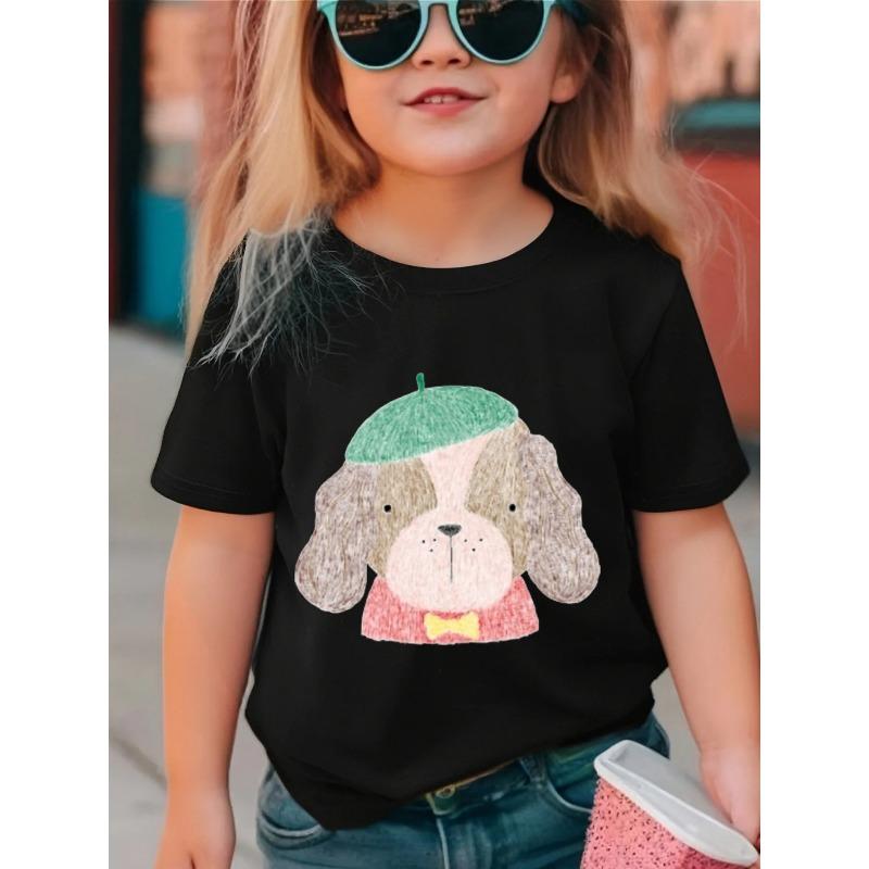 

European sizes Girls Short-Sleeve T-Shirt | Featuring Cartoon Puppy and Green Hat Print, Trendy Pattern Design, Soft and Comfortable 98cm чёрный