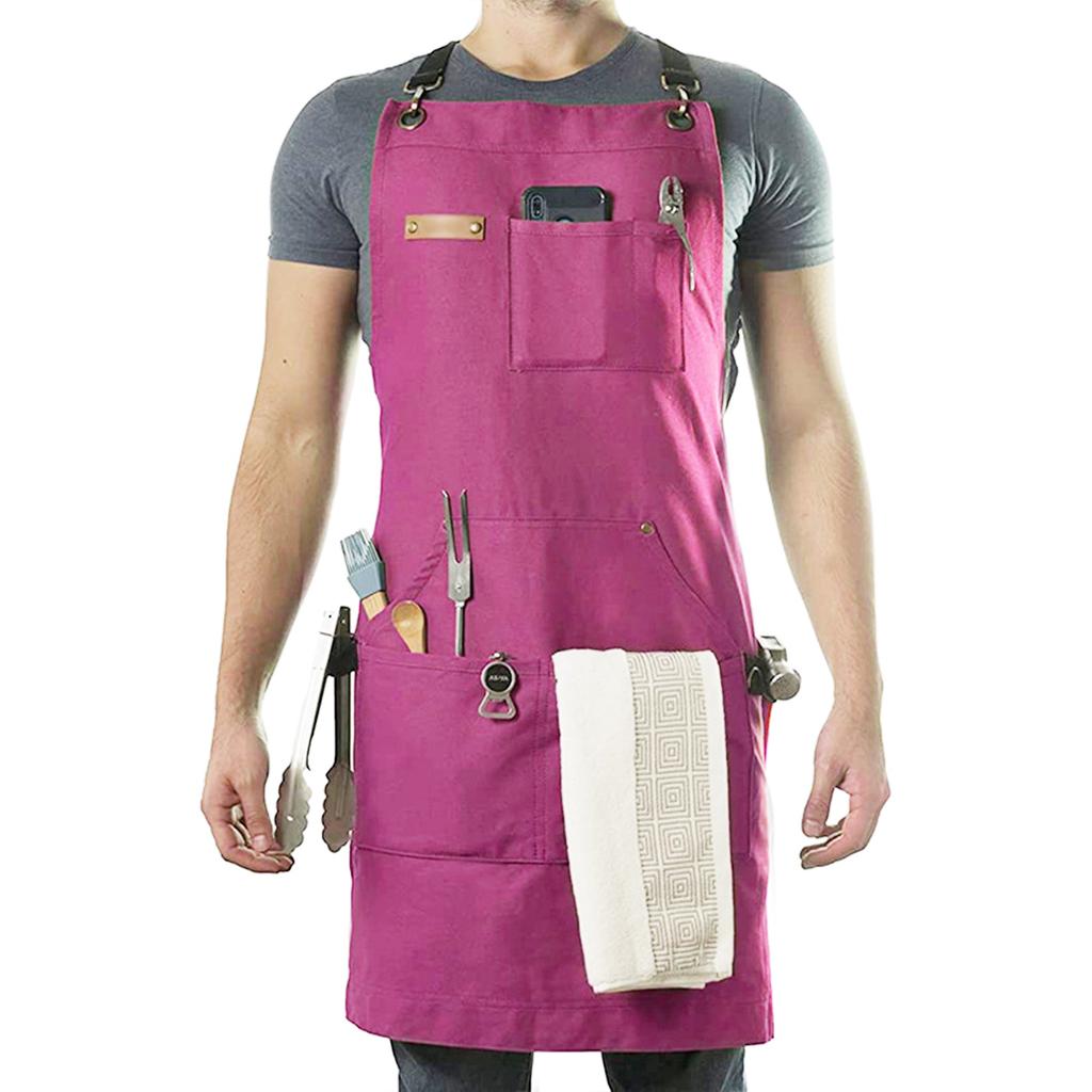 Fartuchy Stenffy z płótna bawełnianego, Wiele kieszeni, Regulowany fartuch z krzyżowym tyłem do odciążania, Fartuchy do BBQ, do kawiarni i szefa kuchni dla mężczyzn
