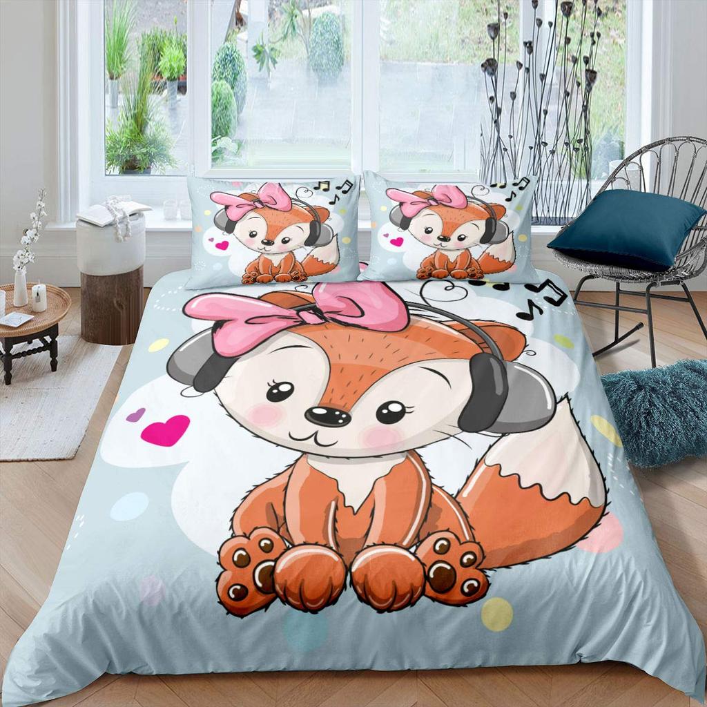 Fuchs Königin König Bettbezug Kawaii Cartoon Fuchs Familie Bettwäsche-Set für Kinder Niedlich Orange Wildtier 2/3-teilig Polyester Bettdeckenbezug