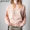 Damen Frühherbst Rosa Baumwollstrick Pullover Sweatshirt mit Buchstabenstickerei