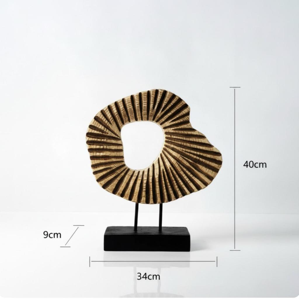 Resin Circular Form Sculpture WoodLook Abstract with Base Carved Statue Ebony