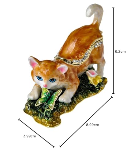 Cat Trinket Box, Small Animal Figurine, Gold Plated Crystal Enamel Jewelry, Animal Home Decor, Gift for Cat Lovers