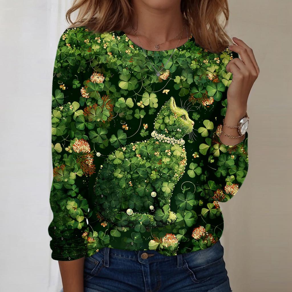 Damen Rundhals-Oberteil mit Blätterdruck, locker, langärmlig