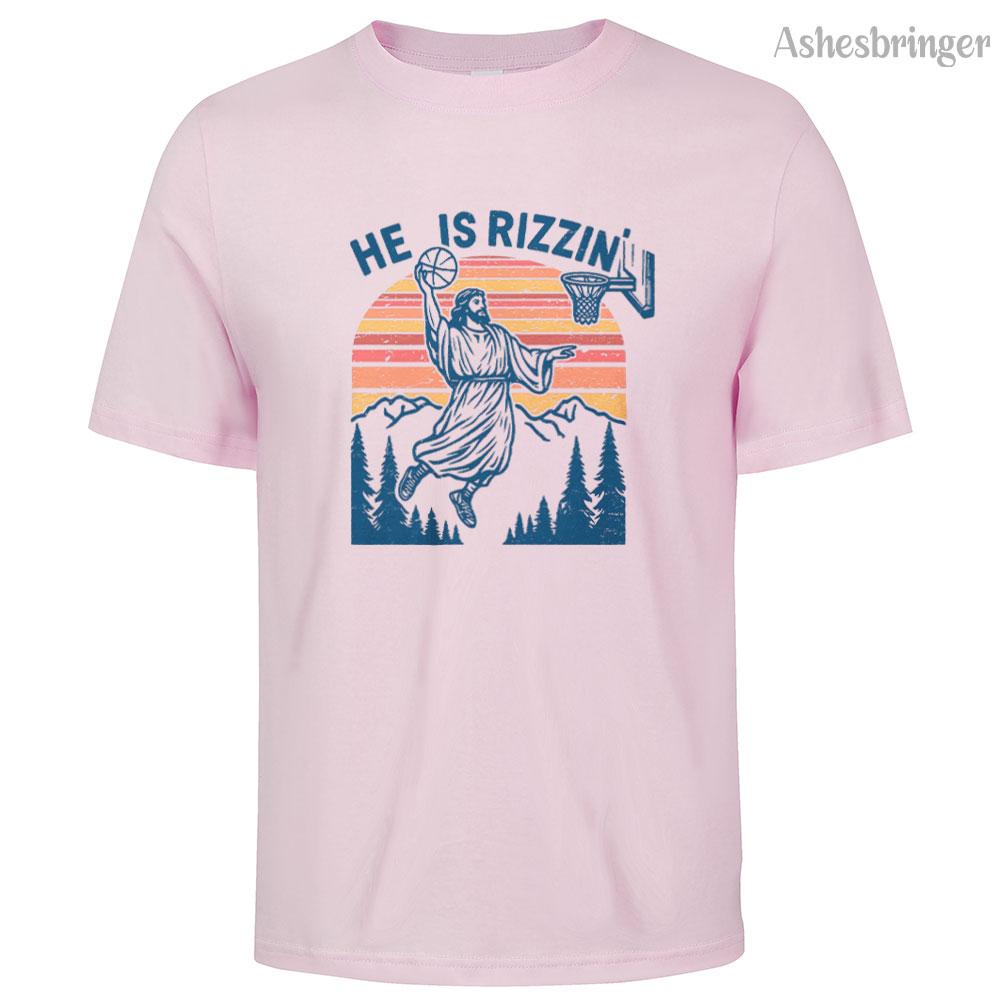 Mens Cotton He Is Rizzin Graphic Easter Jesus Christian Basketball T Shirt Street Casual Style Tee for Men and Women