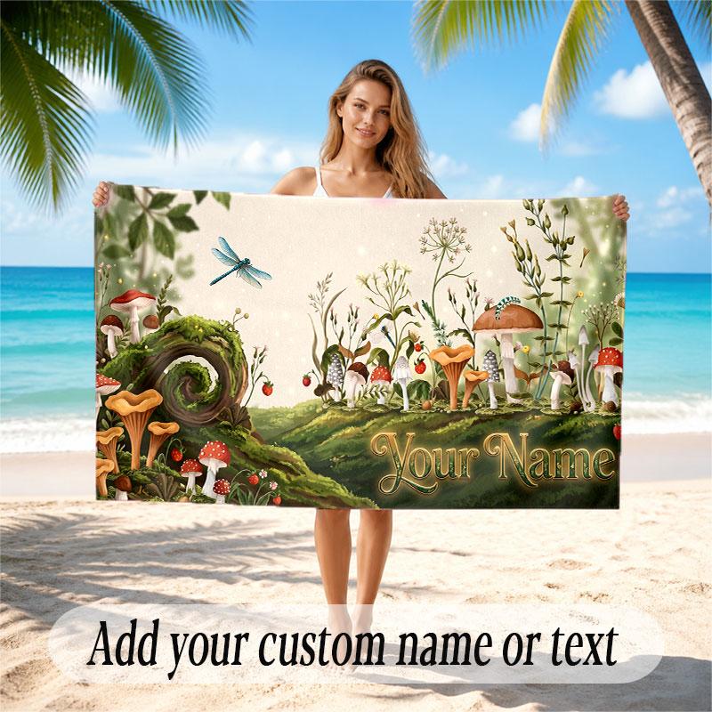 Mushroom Forest Theme Soft Beach Towel Personalized Custom Name Text Towel Portable for Beach Pool Travel