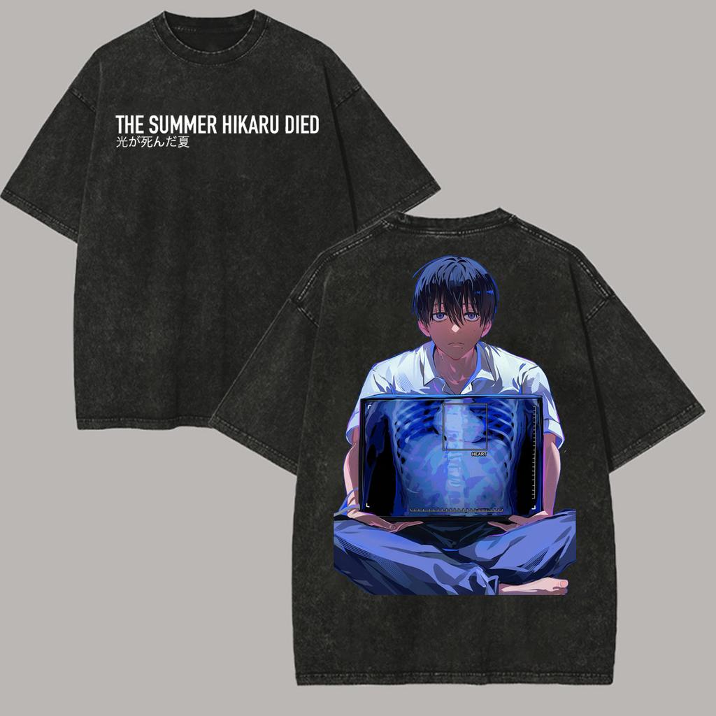 Japanese Anime The Summer Hikaru Died Hikaru Yoshiki Vintage Washed T-shirt Men Women Casual Cotton Oversized Cosplay T Shirts