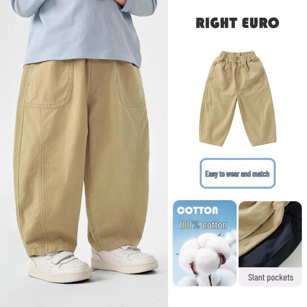 Right European Boys' Pure Cotton Work Pants - 2026 Spring & Autumn Style, Medium & Large Casual Trendy Children's Wear