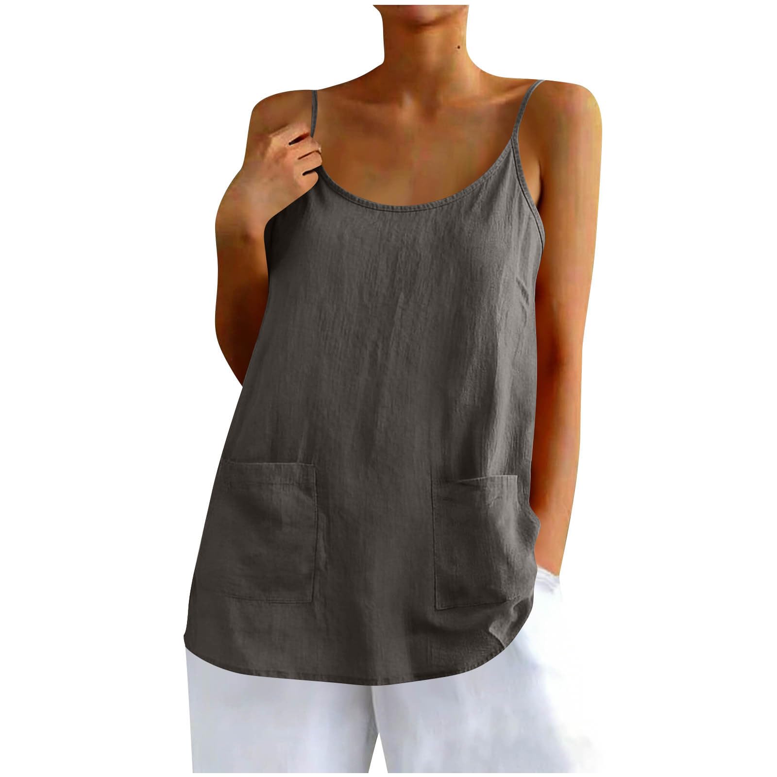

Women Casual Loose Fit Strap Sleeveless Linen Tank Tops With Pockets M