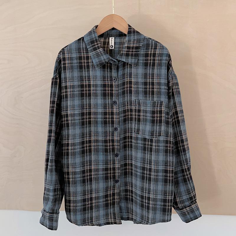 Plaid Shirt Spring and Autumn New Korean Temperament Casual Style Long-sleeved Lapel Jacket Women's Hong Kong Style Retro Versatile Top
