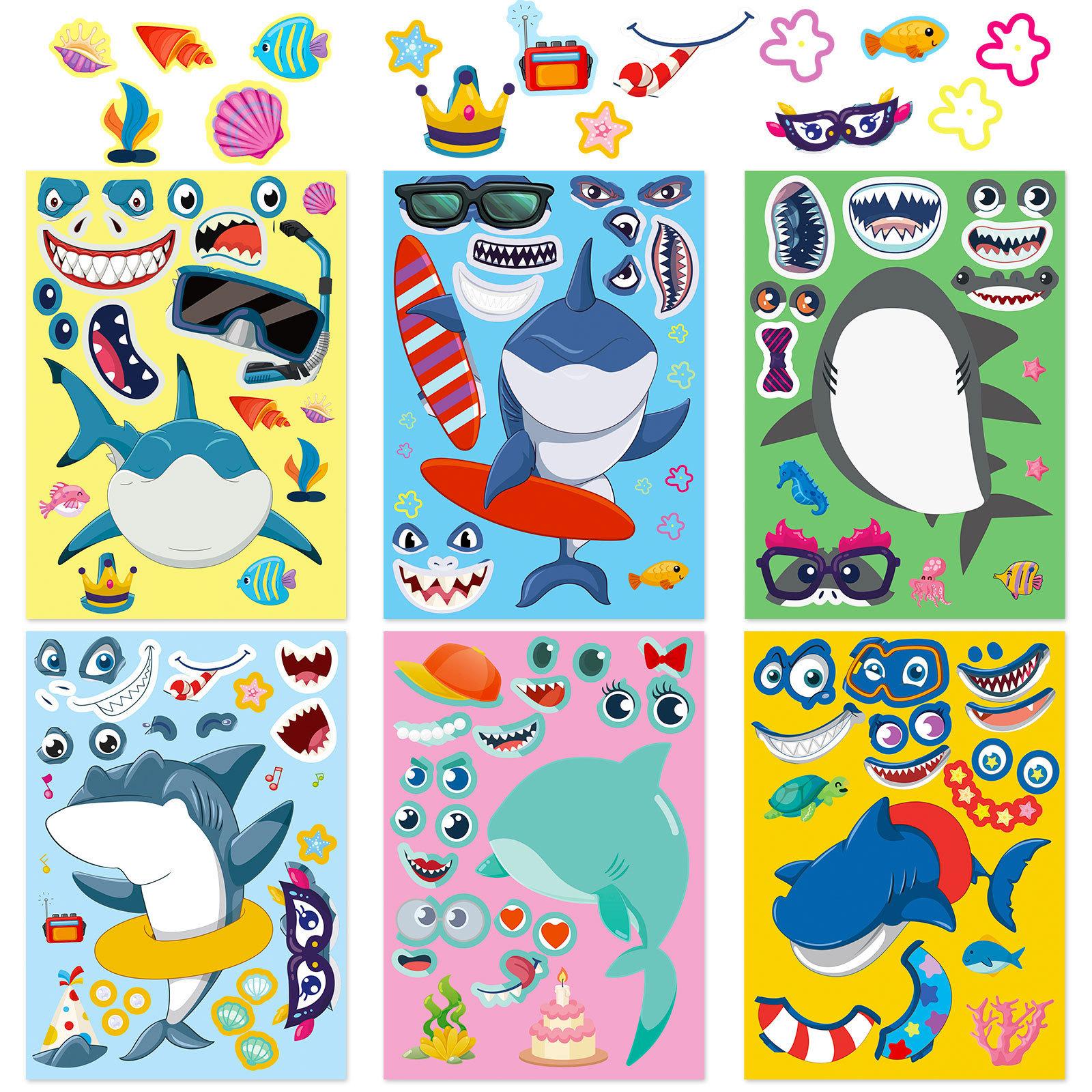 

6 штук/упаковка наклеек-пазлов «Подмена лица акулы» DIY наклейки для личности, наклейки «Морская жизнь»