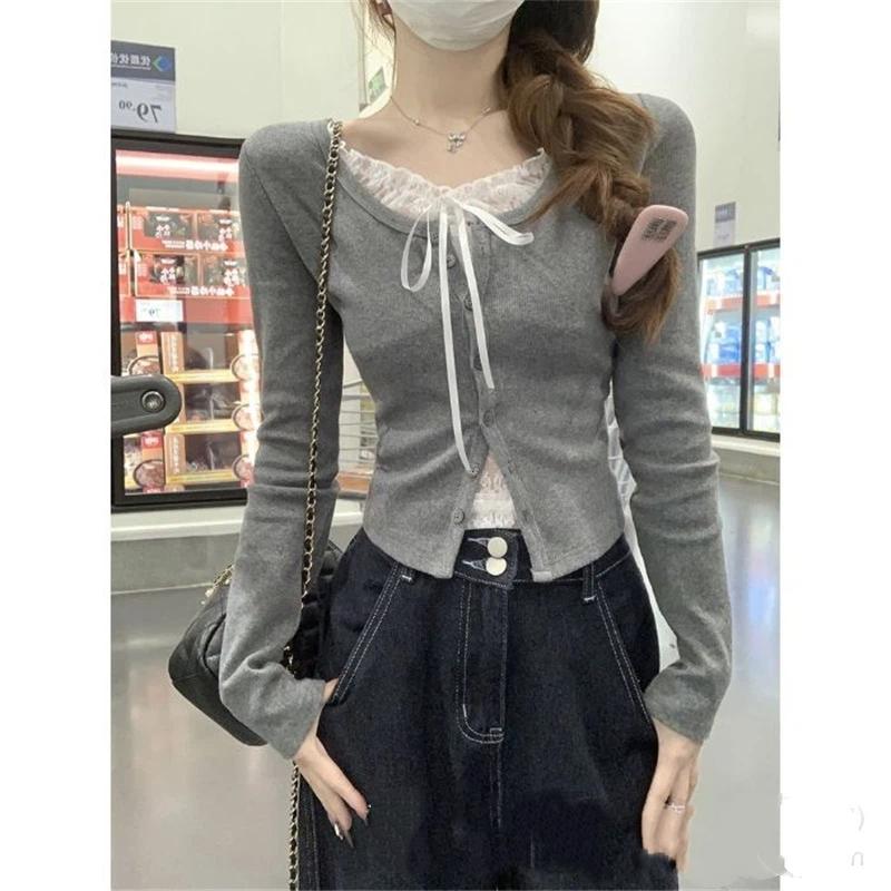 Spitzenbesatz Strickjacke mit Bindeband vorne Slim Fit Knopfleiste Pullover