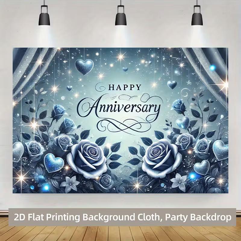 Romantic Anniversary Backdrop, Glamorous Blue Design with Roses, Hearts and Sparkles, Festive and Elegant Party Wall Decor
