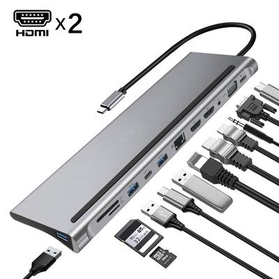 12 In 1 Type C Docking Station MST Dual HDMI VGA 4K Converter Multi Screen Display USB C Hub