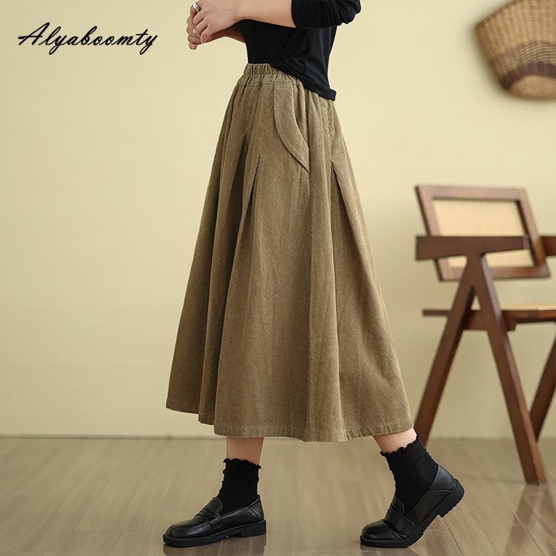 Plus Size Autumn Winter Women Midi Skirt High Waist Black Khaki Brown Loose Skirt Vintage Corduroy Solid Baggy Skirt With Pockets