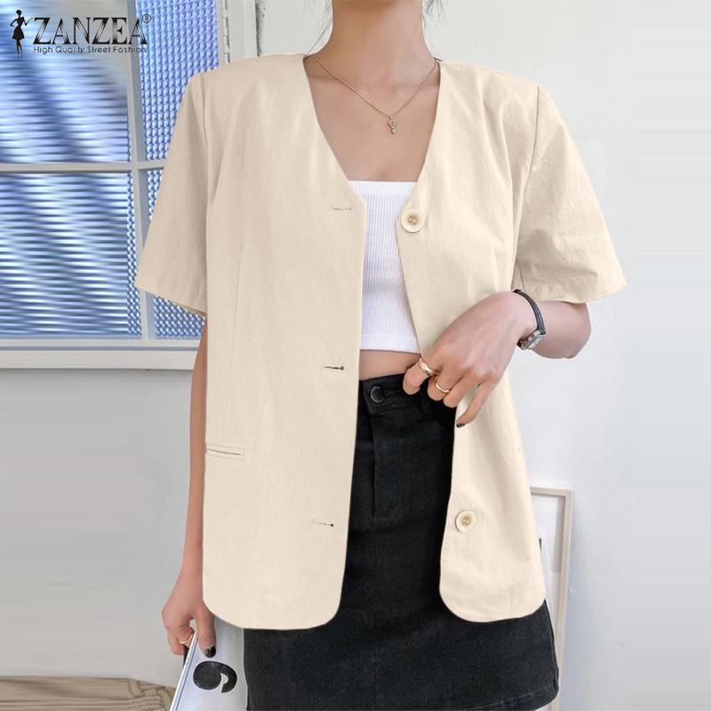 

ZANZEA женский летний однотонный свободный костюм с v-образным вырезом и короткими рукавами на пуговицах