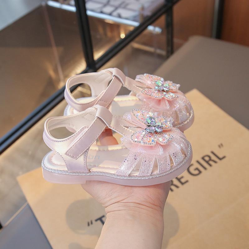 Girls Summer Closed Toe Crystal Sandals Soft Sole Breathable Bowknot Princess Children Shoes For Kids 23 розовый