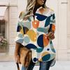 Women Plus Size Geometric Printed Collared Long Sleeve Button Front High Low Curved Hem Shirt