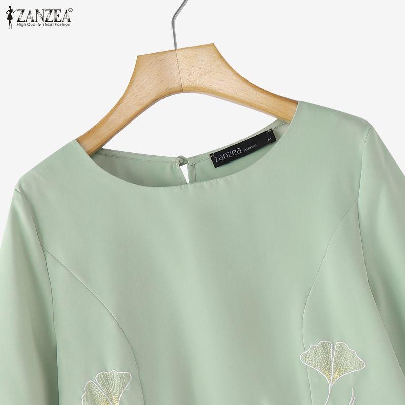 ZANZEA Women Casual Round Neck Loose Embroidery 3/4 Sleeve Blouse