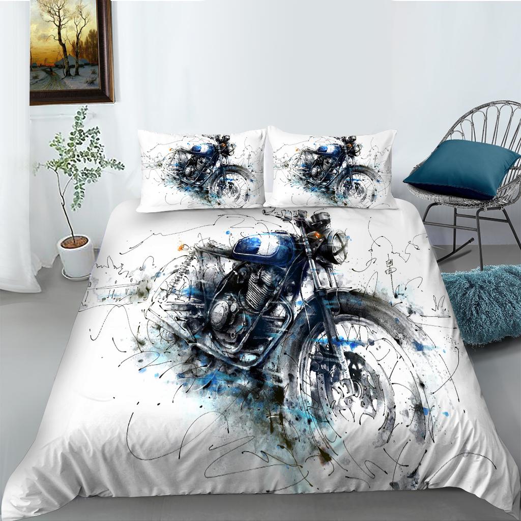 3D-Motorrad-bedrucktes Bettwäsche-Set im Industrie-Stil, Bettbezug, Kissenbezug-Set, Einzel-/Doppelbett, für Jungen und Jugendliche, cooler Bezug