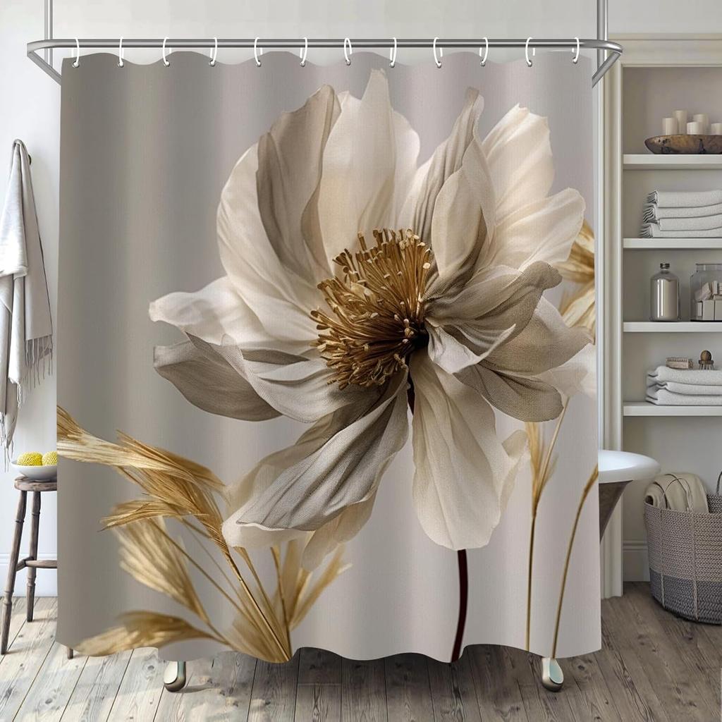 Brown Gold Floral Shower Curtain, Dark Grey Boho Abstract Design, Minimalist Waterproof Bathroom Decor with Hooks