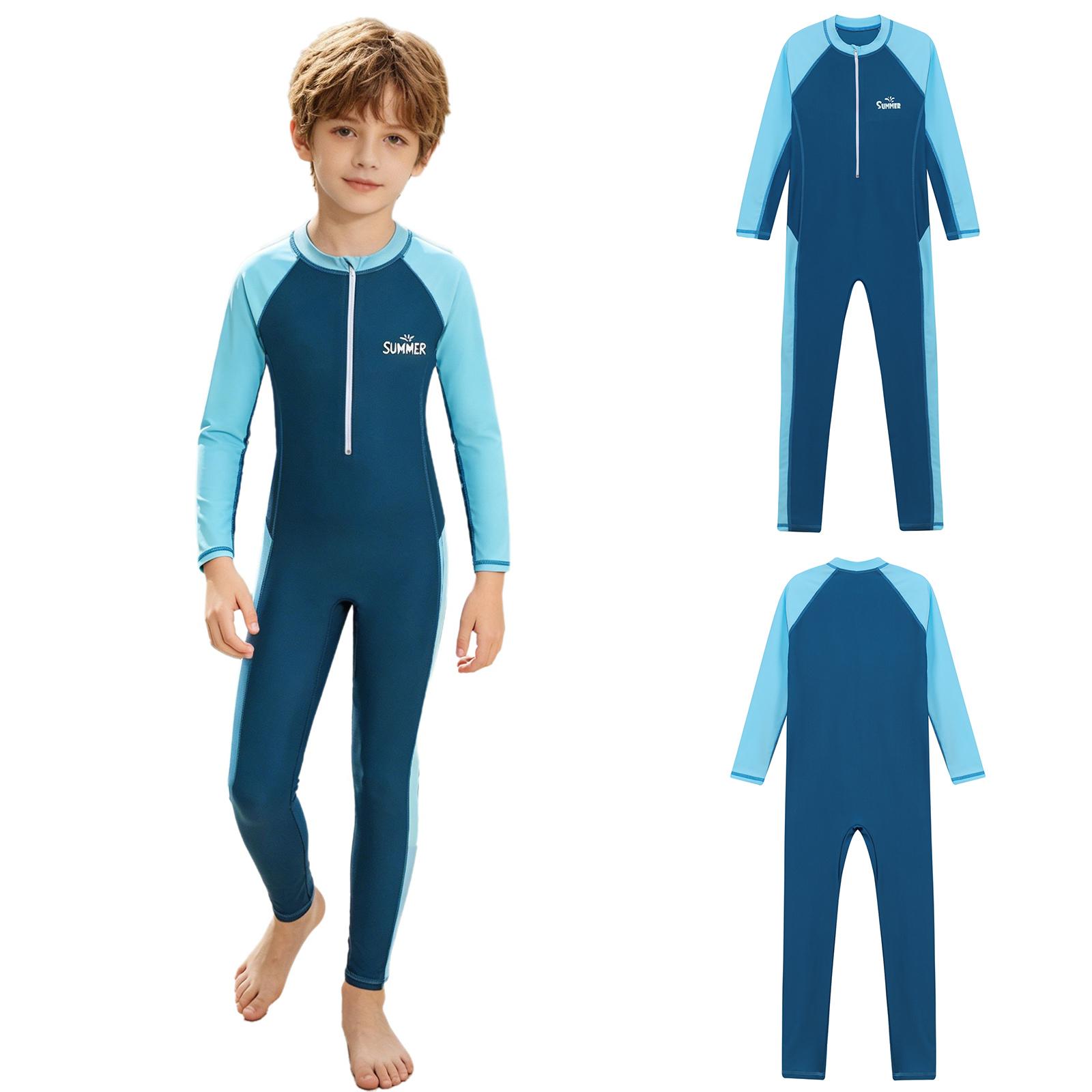 Jungen Ganzkörper-Badeanzug Langarm Farbkontrast Patchwork Reißverschluss vorne Sport-Badeanzug UPF 50 Rash Guard 3-4 Years himmelblaue