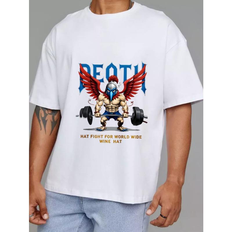 White T Shirt with Death Winged Warrior Lifting Barbell and Hat Fight for World Wide Wine Hat Print for Gym Fitness and Casual Wear