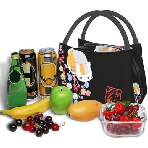 Natsume's Book of Friends Nyanko-sensei Insulated Lunch Bag with Clasp Closure, Black, Bento Box, Insulated, Cooler Bag with Zipper, Compact, Lunch Ba