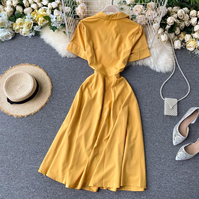 Letnia sukienka biurowa damska w jednolitym kolorze z kołnierzykiem i krótkim rękawem, damska, z paskiem w kształcie wstążki, nieregularna