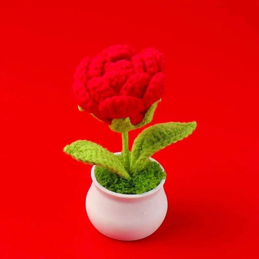 

Crochet Rose Flower Cute Handmade Flower Potted Creative Artificial Plants Flores Crochet Desktop Car Decor