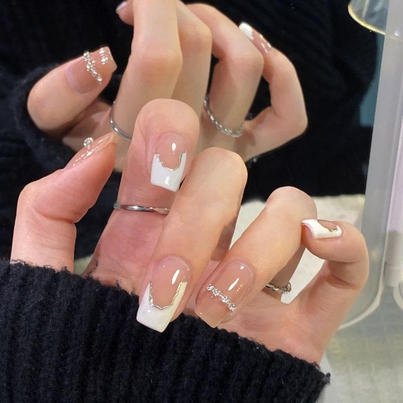 Press On Acrylic Fake Nails Set with Glue High Quality Handmade Nail Extension French Tips Woman False Short Nails Press Ons