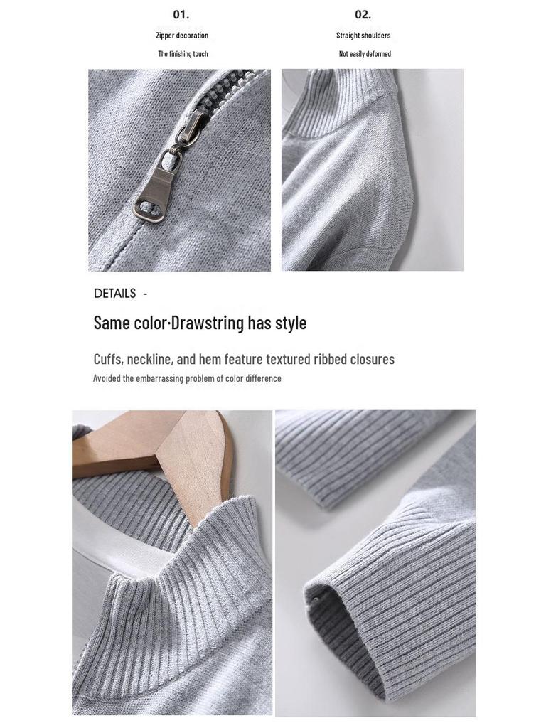 Men's Business Casual Slim Fit Zipper Cardigan Sweater - Solid Color Knitwear Top
