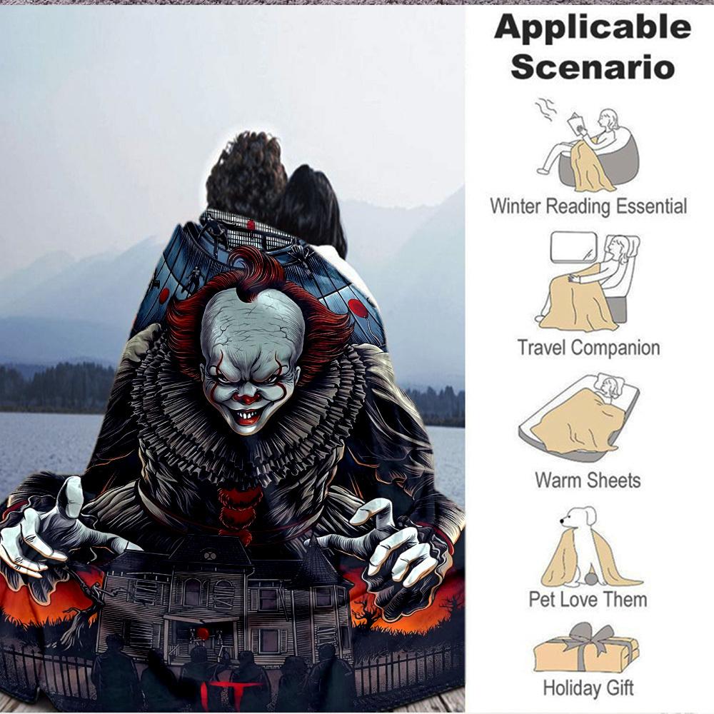 1pc It "Clown" Flannel Throw Blanket - HD Printed Lightweight Soft Warm All-Season Blanket for Sofa, Bed, Travel, Camping 019
