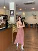 2026 Women's Red Plaid Open Back Strappy Summer Dress with Slim Waist and Pastoral Style Long Skirt