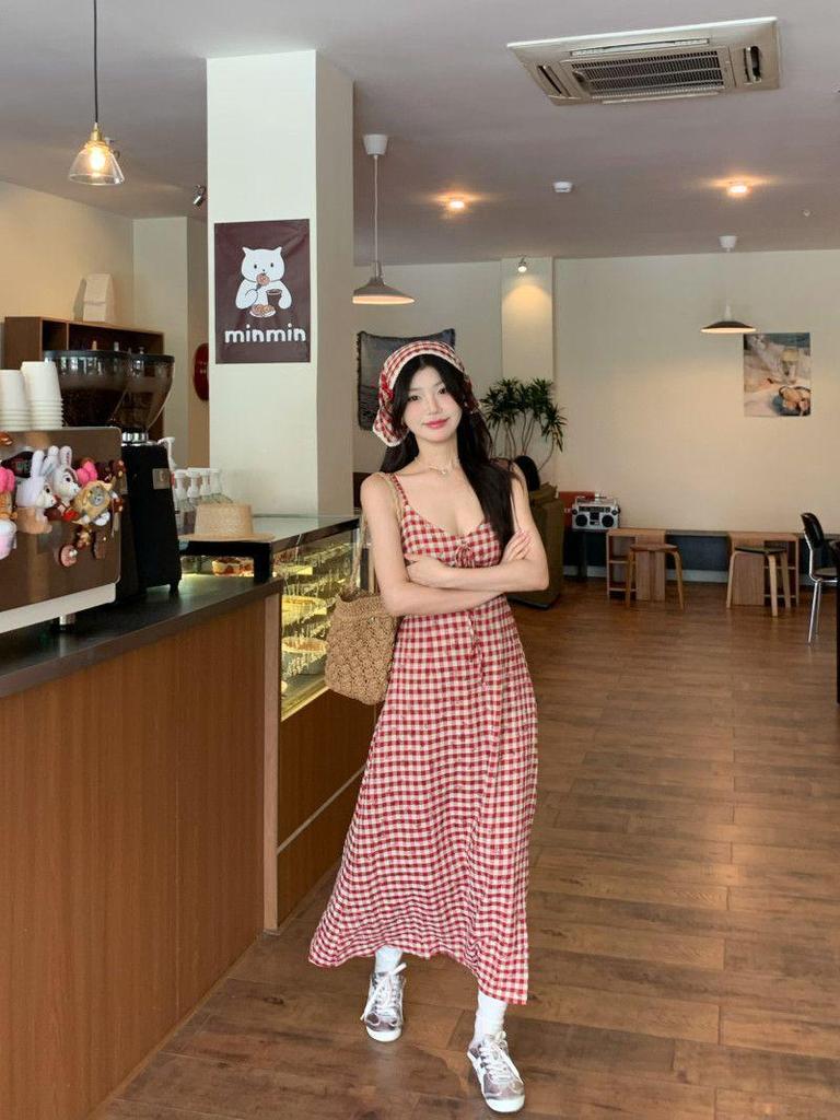 2026 Women's Red Plaid Open Back Strappy Summer Dress with Slim Waist and Pastoral Style Long Skirt
