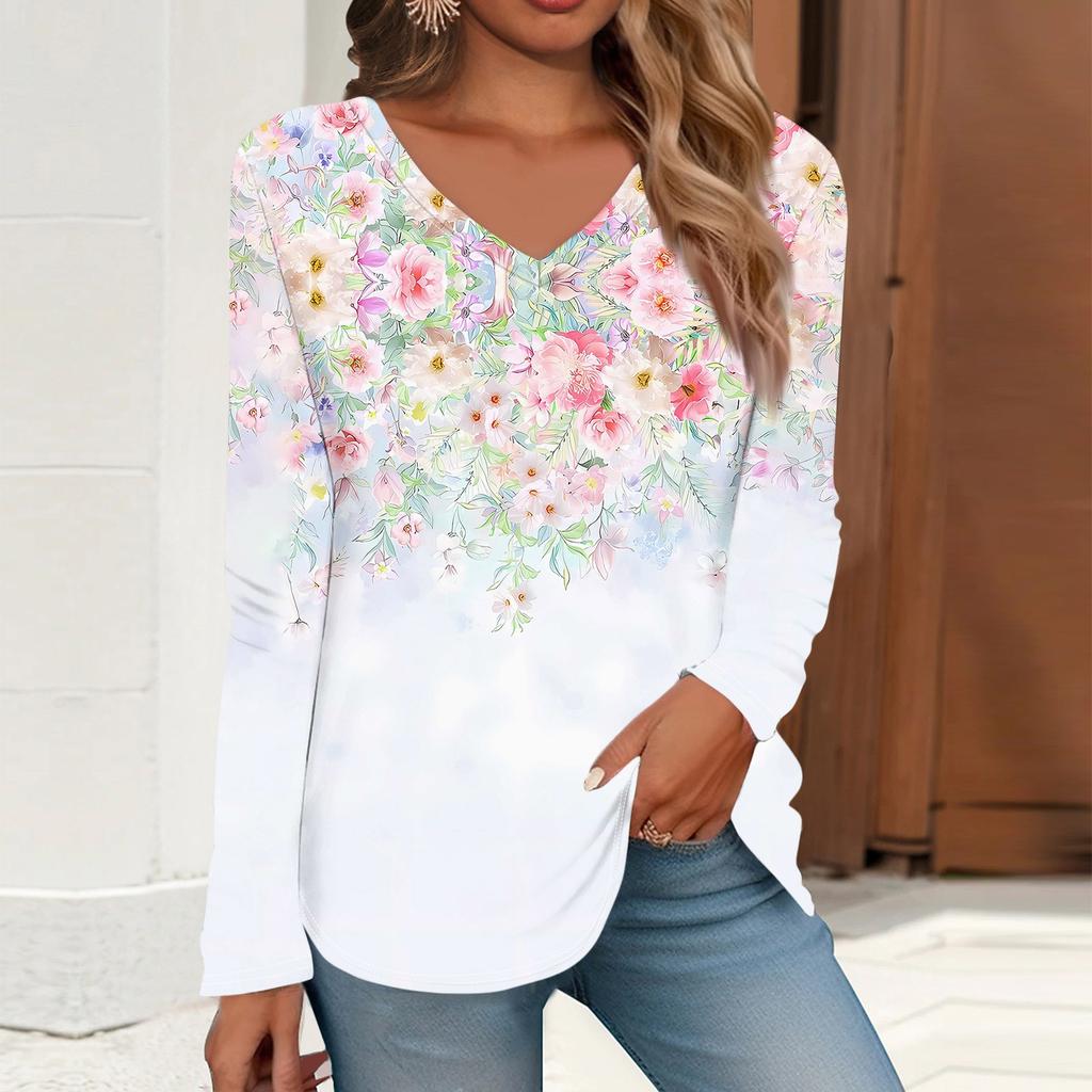 Women's T Shirt Retro Print Long Sleeve Daily Weekend Daily Basic V Neck Regular Fall Winter Tops