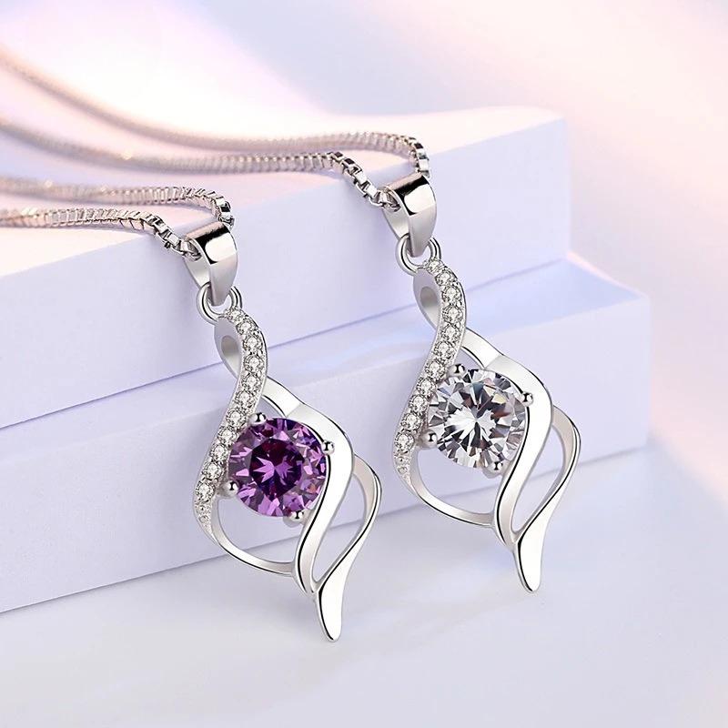 925 Sterling Silver Twist Pendant Necklace for Women Round Cut Purple/White Zircon Infinity Love Necklace Bridal Wedding Jewelry