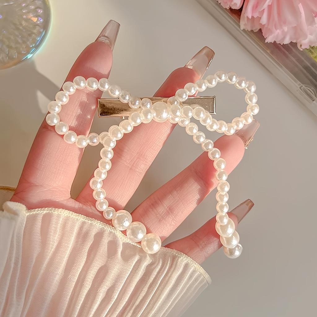 1/2 Pc. Beige Bow with Imitation Pearl Hairpin | Cute, Casual | Perfect for Everyday and Holiday Gift Accessories.