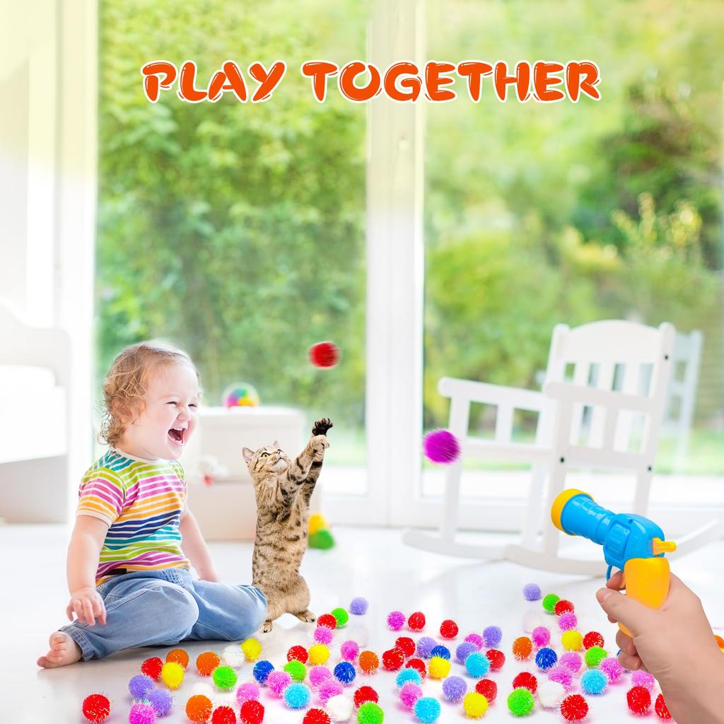 Haustierspielzeug, Interaktives Katzenspielzeug-Set, 80 Stück Glitzer-Pompoms Katzenballspielzeug mit 1 Abschussvorrichtung, Sichere weiche Katzenspielzeugbälle zum Apportieren, Trainieren, Spielen