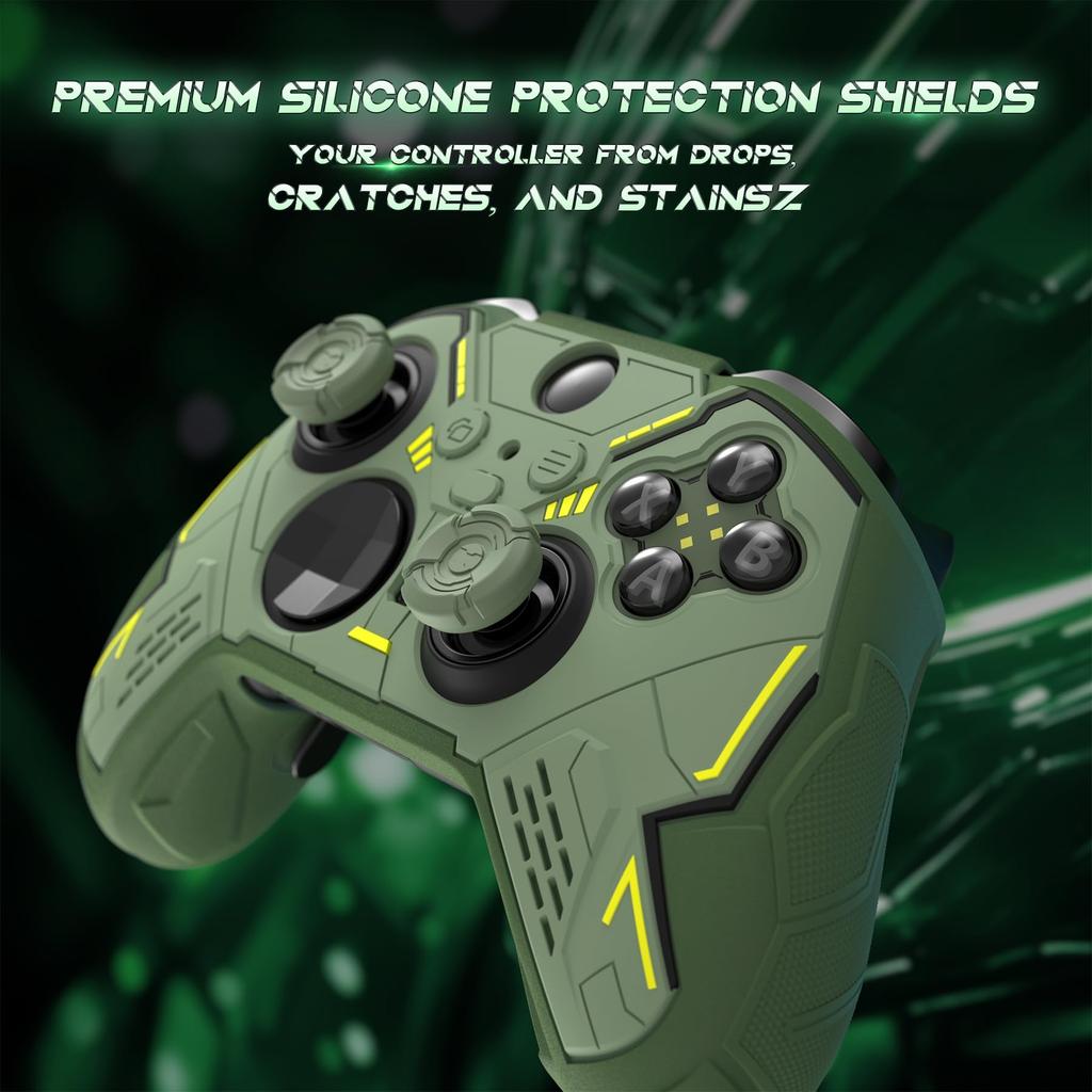 PlayVital Stellar Mecha Silicone Protective Cover for Xbox Elite Series Grip Protector with 2 Thumb Grip Caps and Mechanical Green 2, Non-Slip