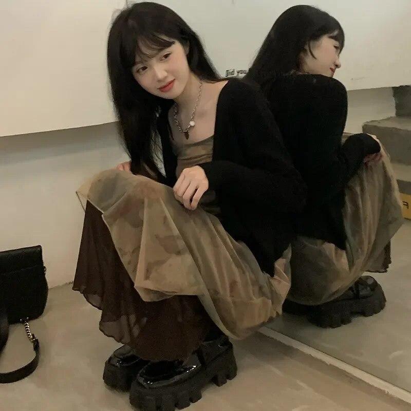 Vintage Tie Dye Print Mesh Dress Grunge Gothic Spaghetti Strap Midi Dress Korean Style Party Dress Fairycore Vestidos Summer New