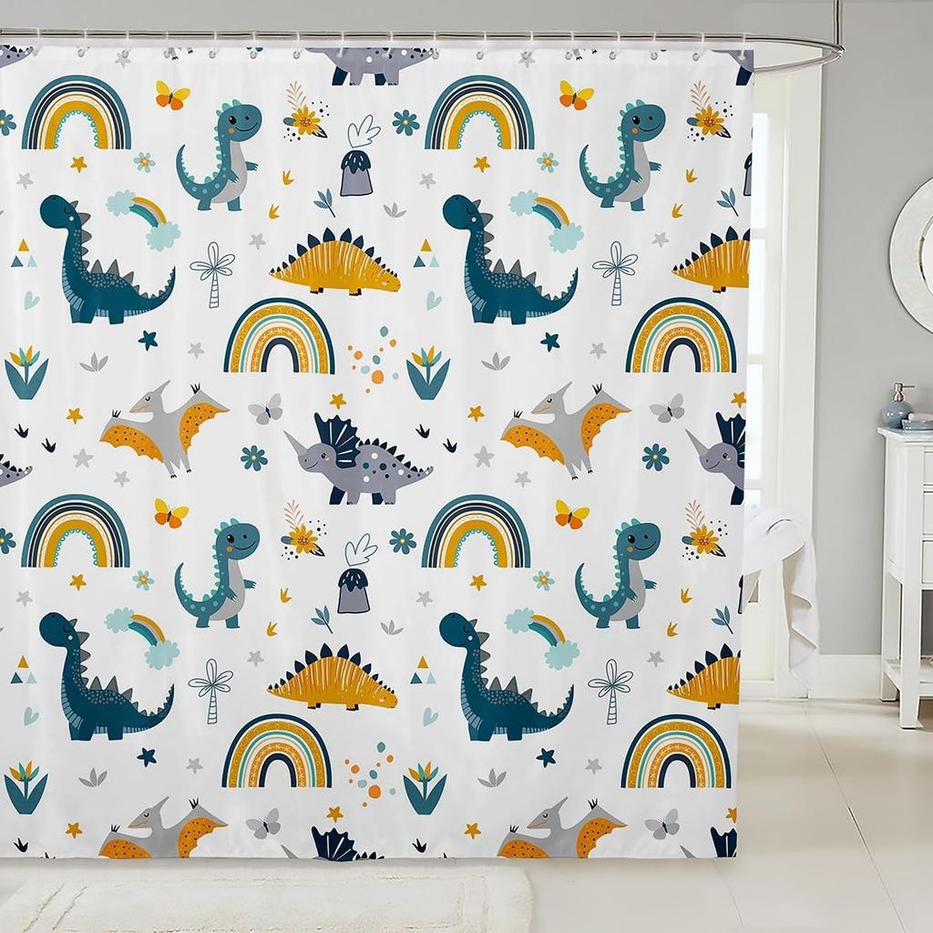 Cartoon Dinosaur Shower Curtain Coconut Tree Hawaii Tropical Bathroom Shower Curtain Sets | Ancient Wild Animals Waterproof