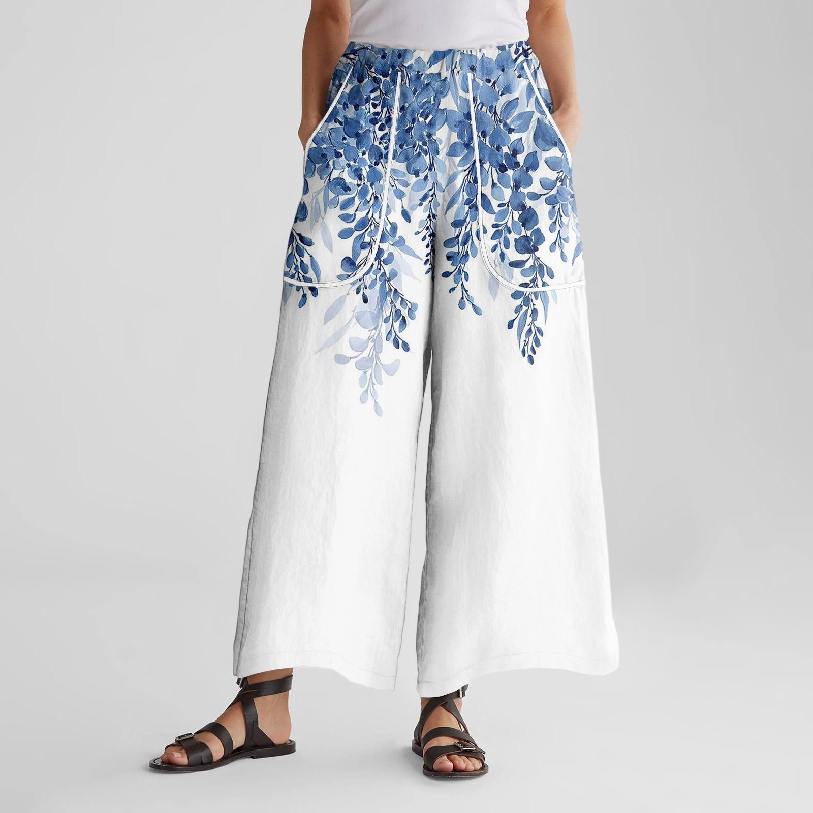 

Женские брюки широкие от бедра с эластичным поясом, ретро-принтом, большими накладными карманами, лоскутные свободные брюки XL белый