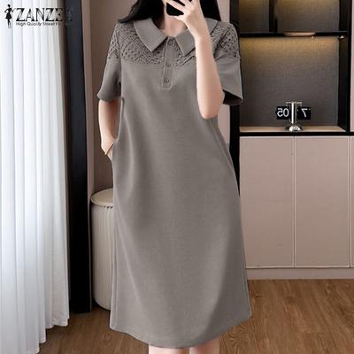 Damen Reverskragen Kurzarm Spitze Häkeln Aushöhlen Patchwork Midi Gerades Kleid