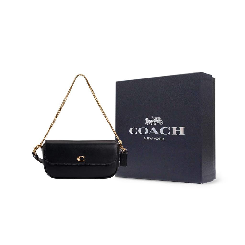 Coach Brook Flap 24 Metal Logo Detachable Shoulder Strap Leather Shoulder Bag Medium Women Shoulder Bag Black CAN90-B4BK