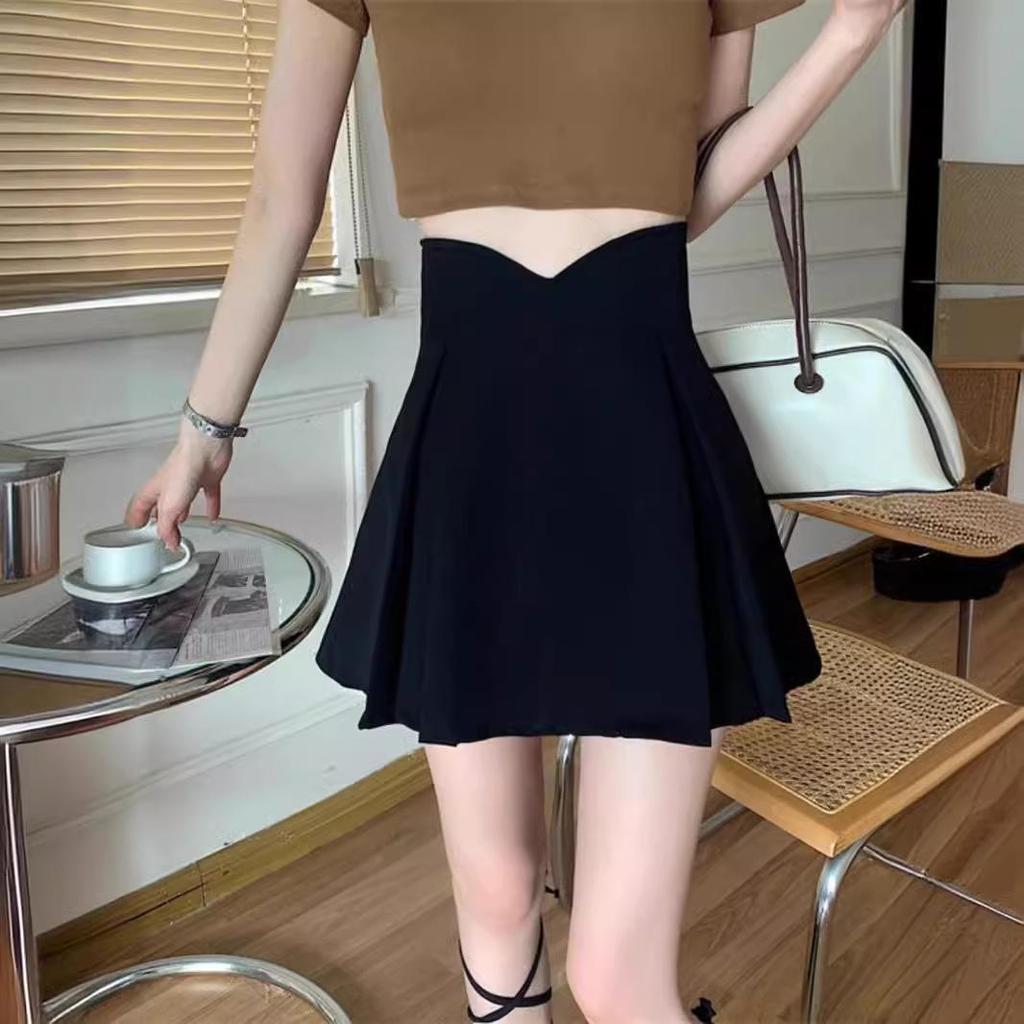 Summer 2024 Women's Black High-Waist Pleated Midi Skirt - Slimming Casual A-Line Bodycon