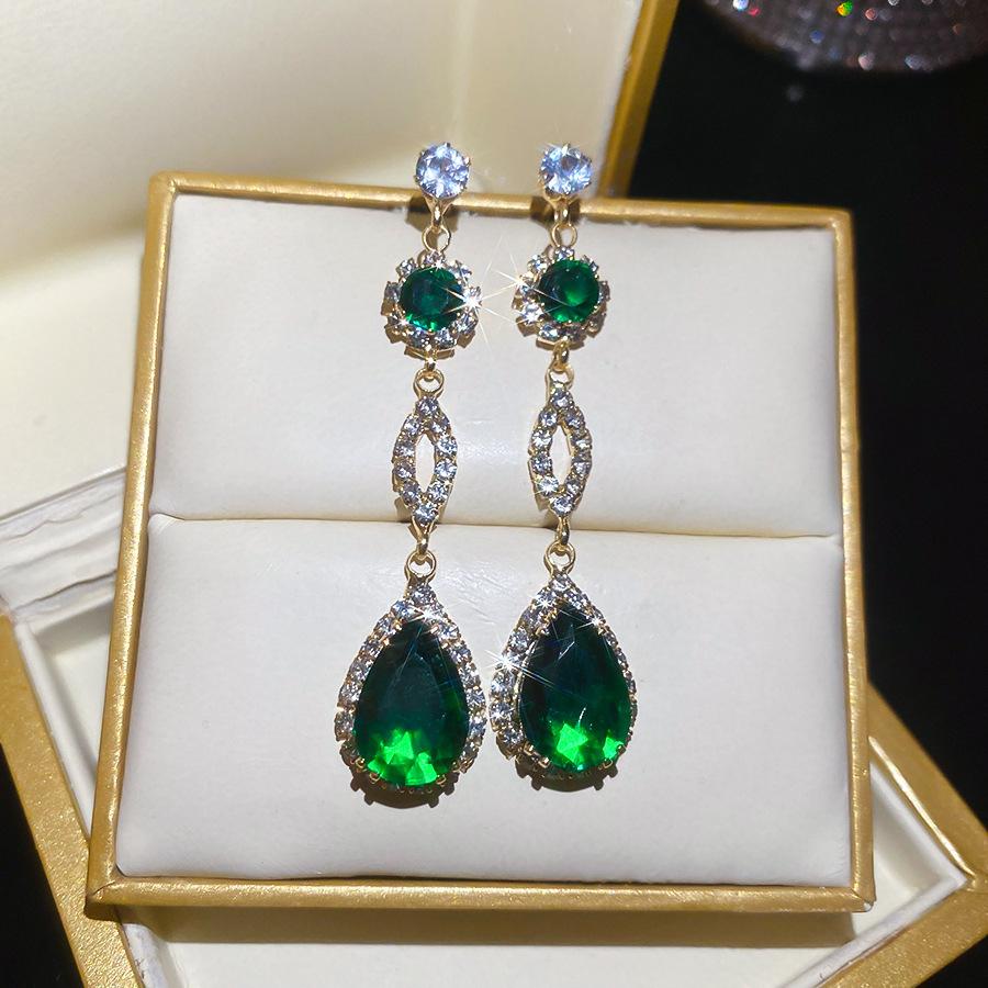 Emerald diamond leaf fringed earrings light luxury stud earrings women's European and American earrings